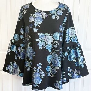 Alfani Black & Blue Floral Print Ruffle Flare Sleeve A-Line Blouse 1X